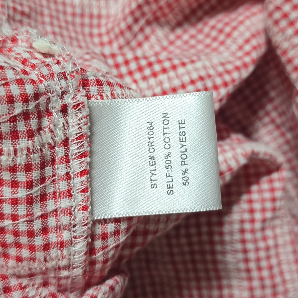 LAYERZ Red and White Gingham V Neck Checkered Top Sz S Pom Pom Detail - Picture 5 of 5